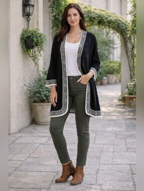 Torrid Aztec Tribal Border Print Kimono Sweater Cardigan Black Cream 3X